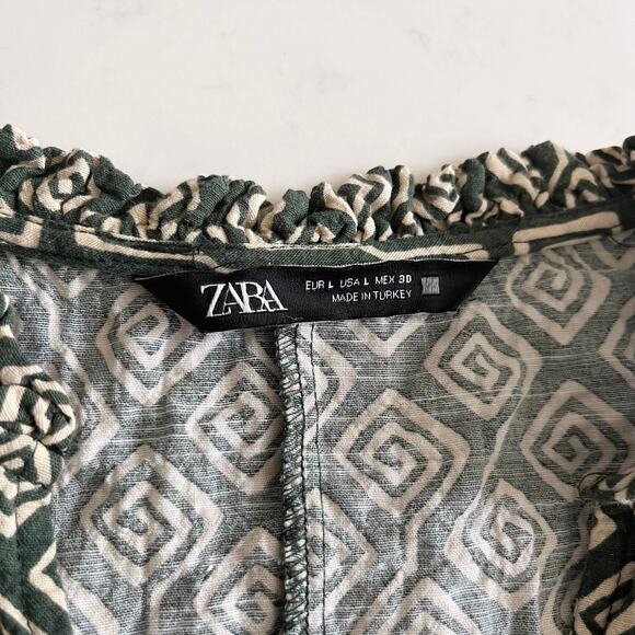Zara Green Cream Geometric Print Long Sleeve C-Neck Tie Waist Midi Dress Size L - Picture 5 of 8